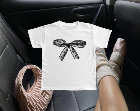 lace bow baby tee - black lace bow